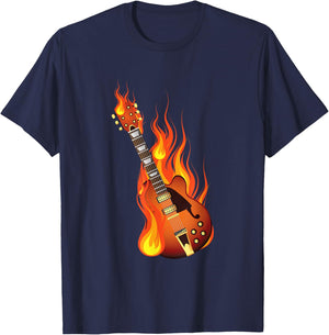 Burning On Fire Rock Guitar Heavy Metal Music Gift T-Shirt - T-Shirt | Navy