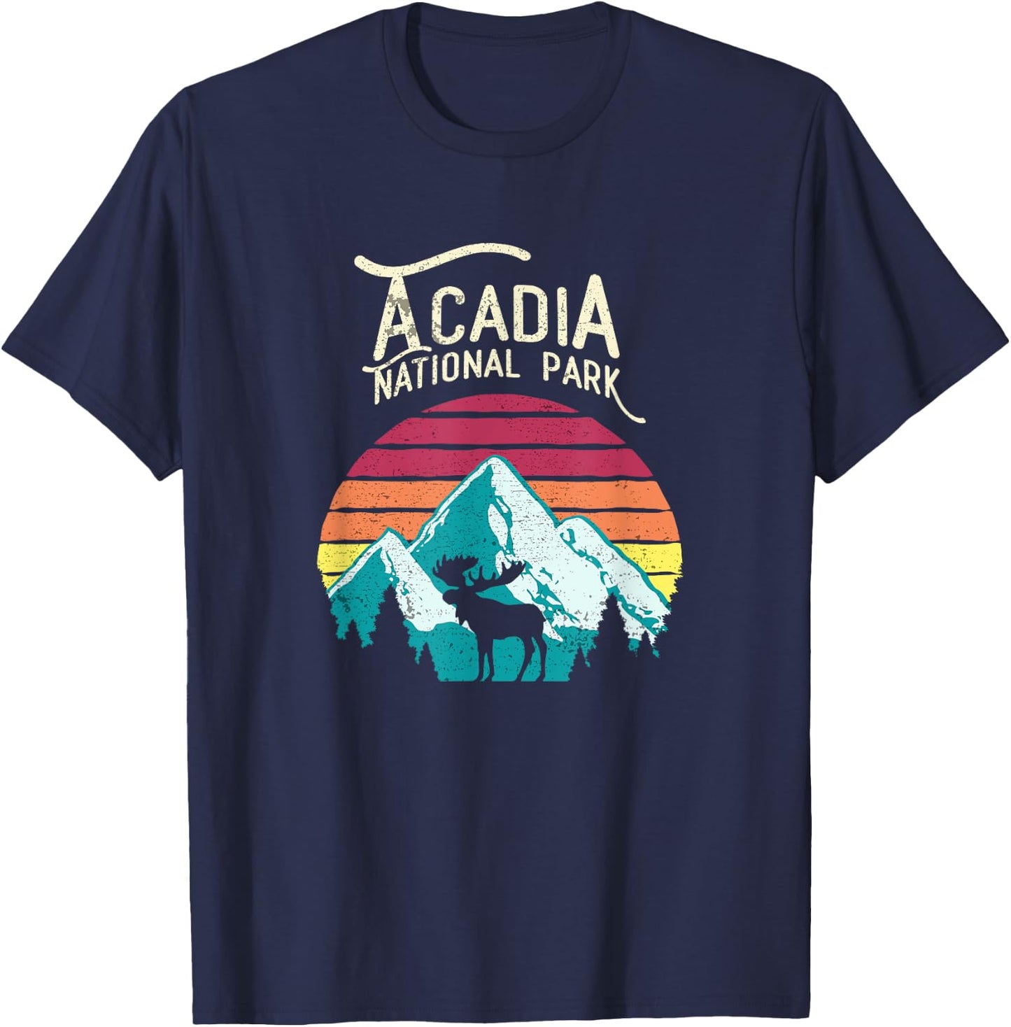 Vintage Acadia National Park, Maine Mountains Moose T Shirt T-Shirt - T-Shirt | Navy