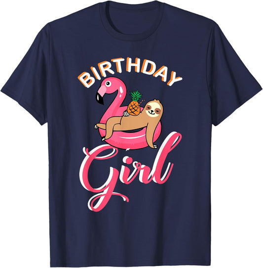 Birthday Girl sloth flamingo pineapple pool theme party idea T-Shirt - T-Shirt | Navy