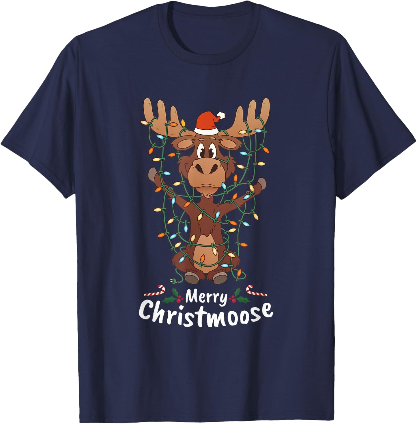 Merry Christmas Elk Christmas Tree Lighted Gift T-Shirt - T-Shirt | Navy