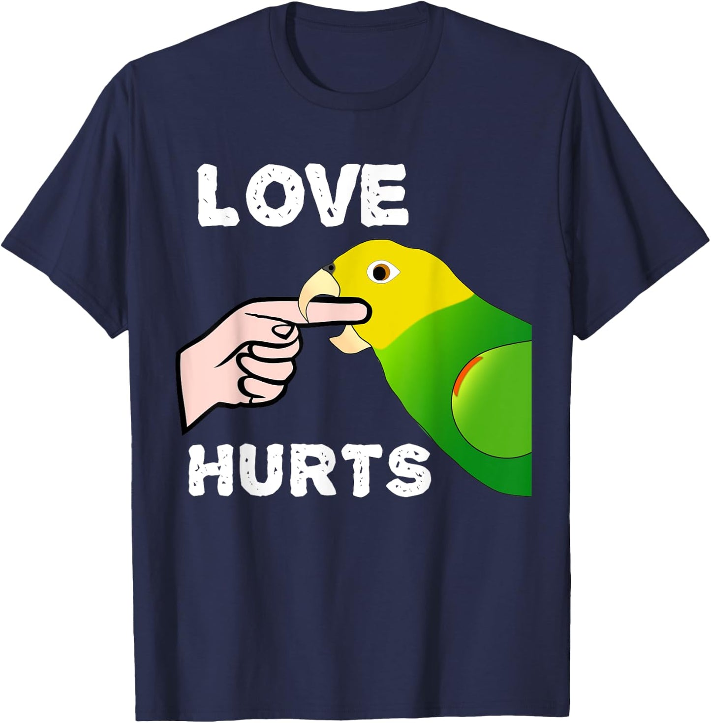 Love Hurts Yellow Head Amazon Parrot Biting Finger T-Shirt - T-Shirt | Navy