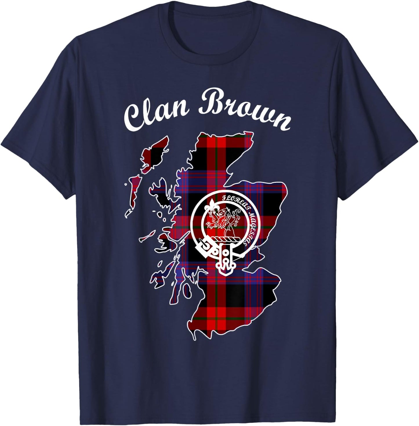 Brown map surname last name Scottish Clan tartan crest T-Shirt - T-Shirt | Navy
