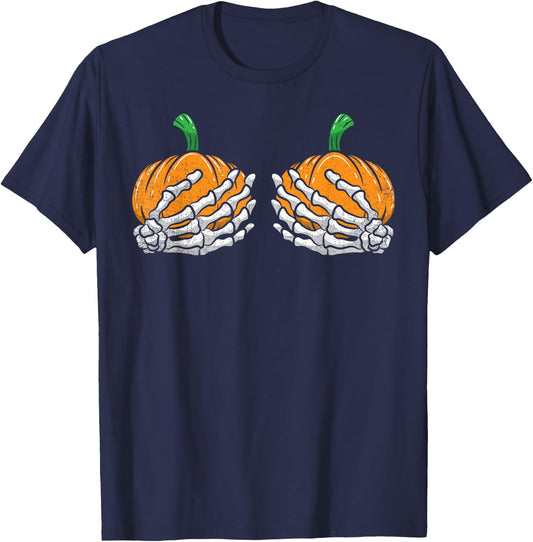 Pumpkin Skeleton Hands Bra Halloween Costume Girls Women T-Shirt - T-Shirt | Navy