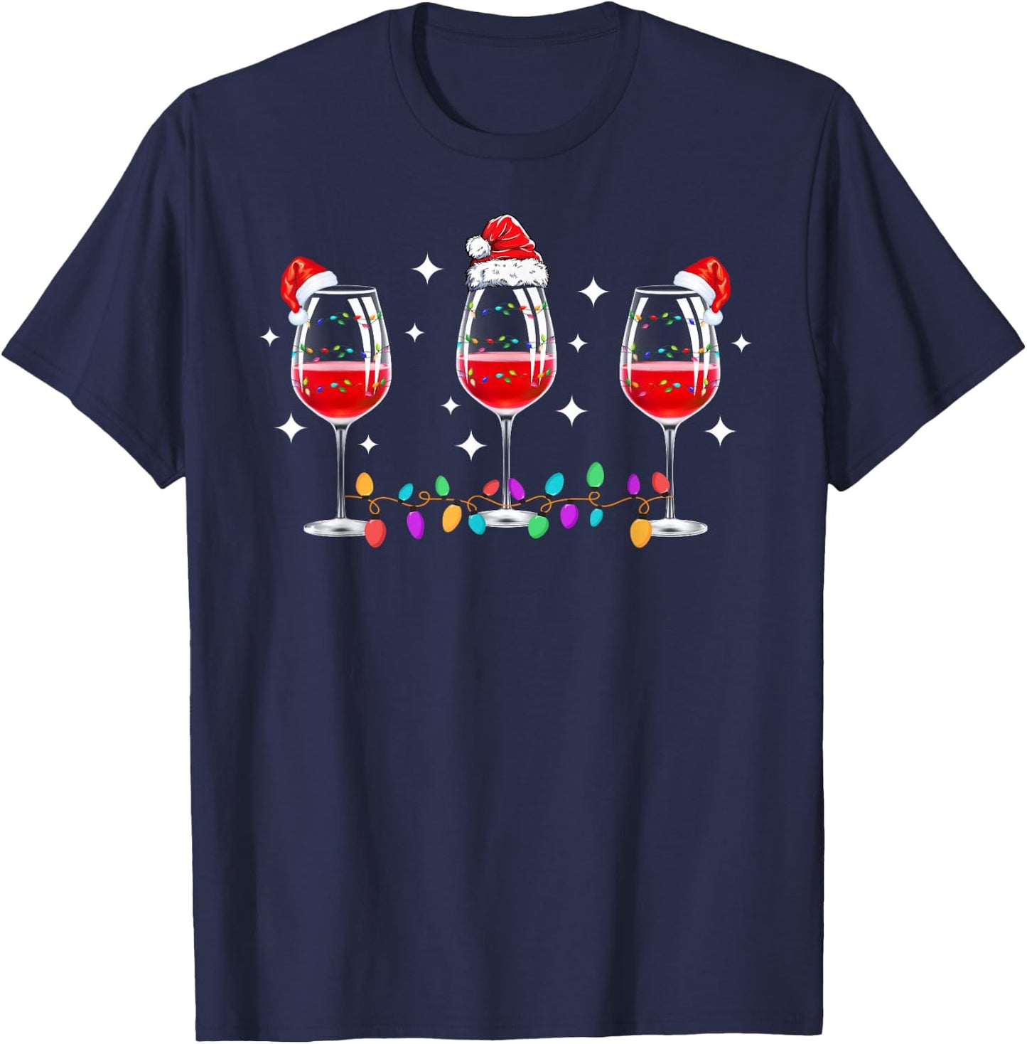 Three Glasses of Wine Christmas Lights Santa Hat Xmas Snow T-Shirt - T-Shirt | Navy