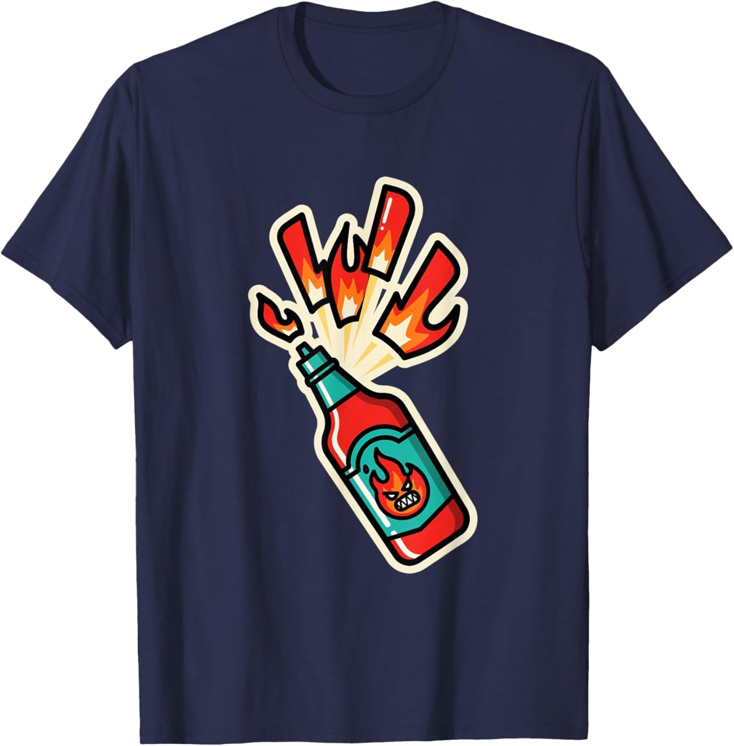 Hot Sauce Lover Spicy Food Fire Flames Chili Angry Retro T-Shirt - T-Shirt | Navy