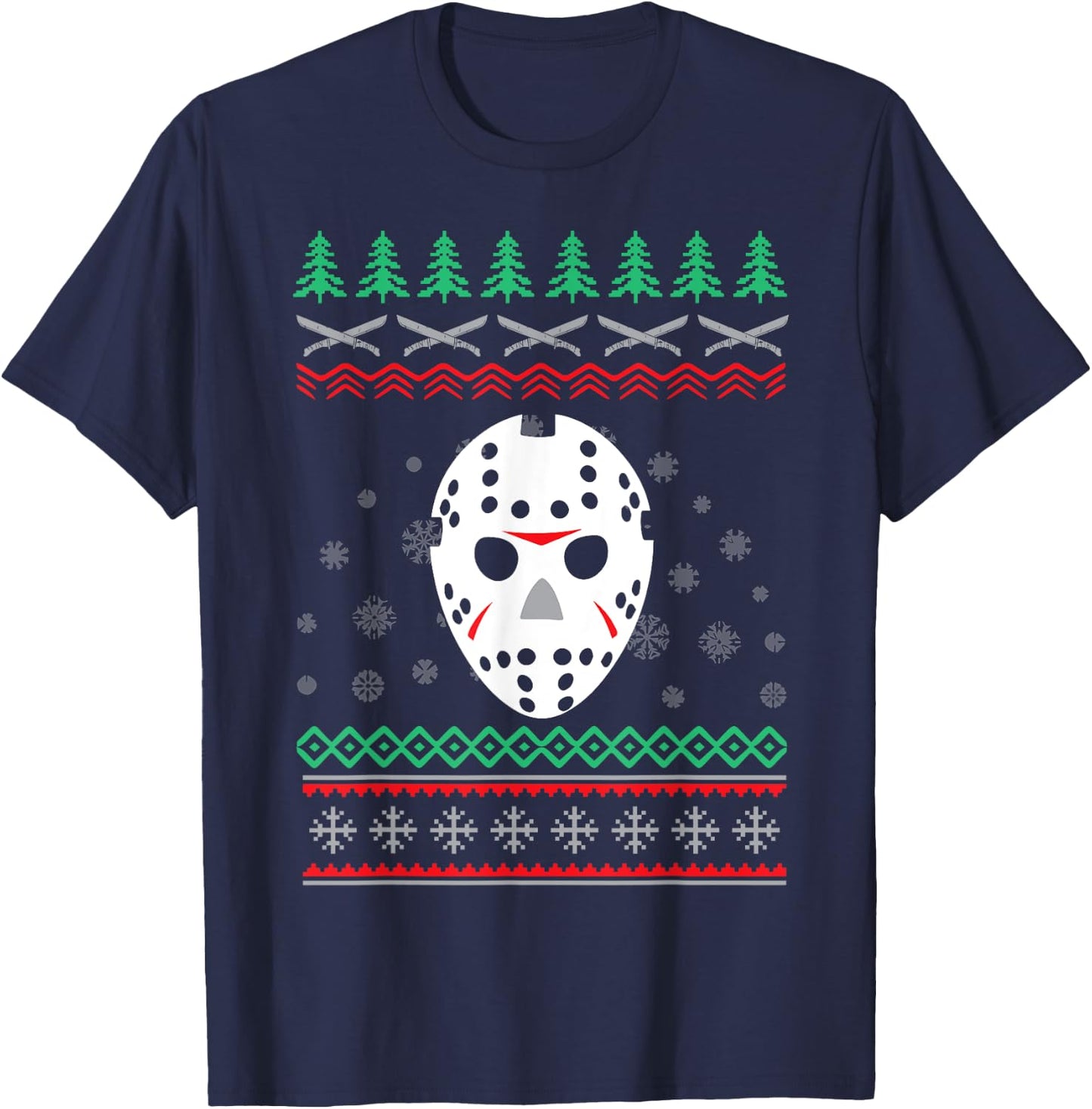 Jason Hockey Mask Ugly Christmas Holiday Festive T-Shirt - T-Shirt | Navy
