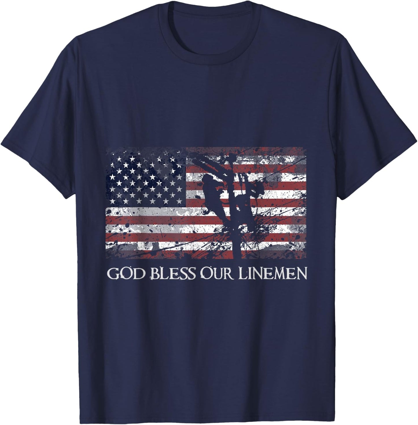 God Bless Our Linemen Cool American Lineman Flag T-Shirt - T-Shirt | Navy