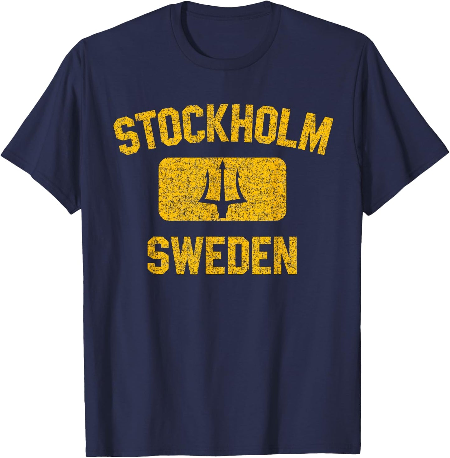Stockholm Sweden Trident Gym Style Distressed Yellow Print T-Shirt - T-Shirt | Navy