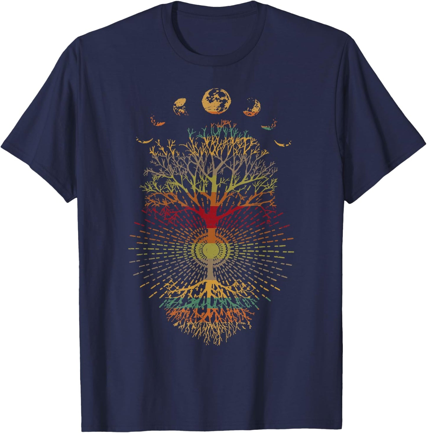 Phases of the Moon Retro 60's 70's Vibe Tree of Life T-Shirt - T-Shirt | Navy