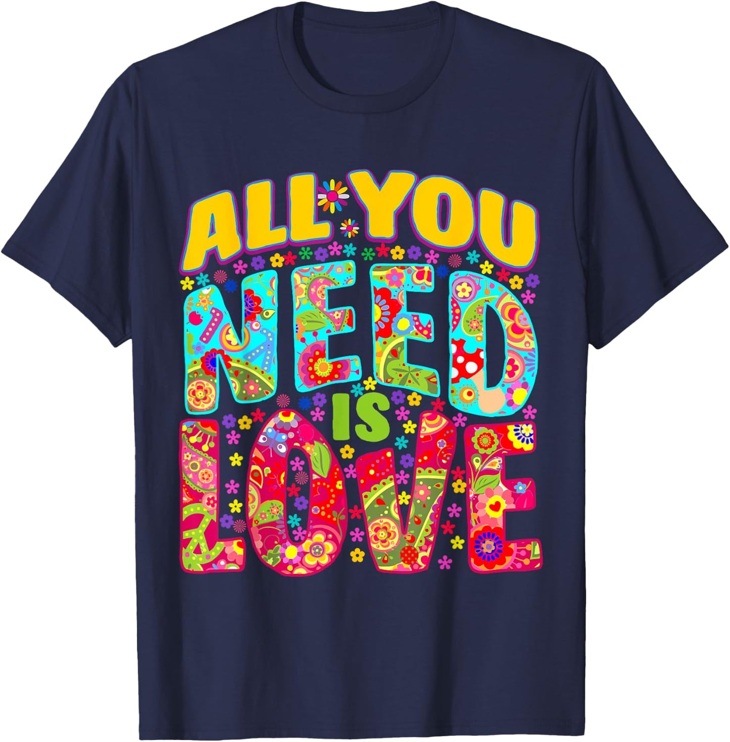 Hippie Flower Power Peace & Love Retro 60s 70s T-Shirt - T-Shirt | Navy
