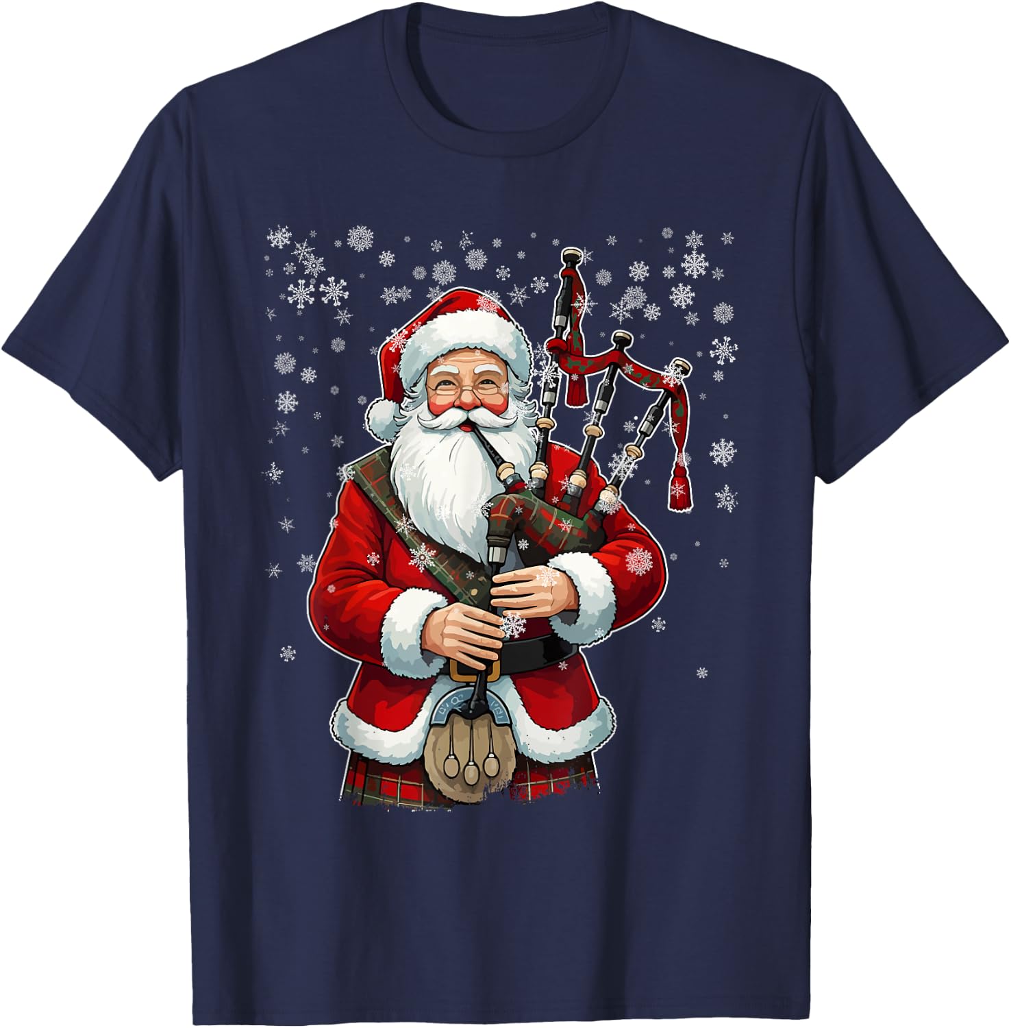 Santa Claus Playing Bagpipes - Funny Bagpiper Player Xmas T-Shirt - T-Shirt | Navy