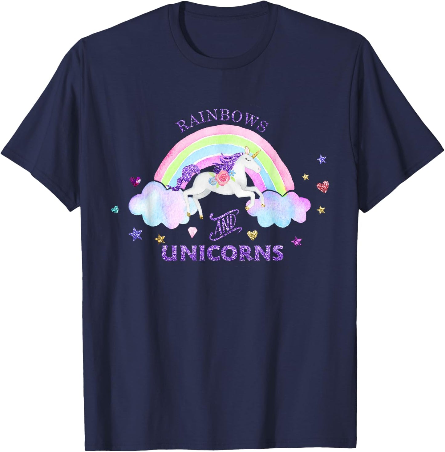 Rainbows and Unicorns - Magical Cute Glitter Gift T-Shirt - T-Shirt | Navy