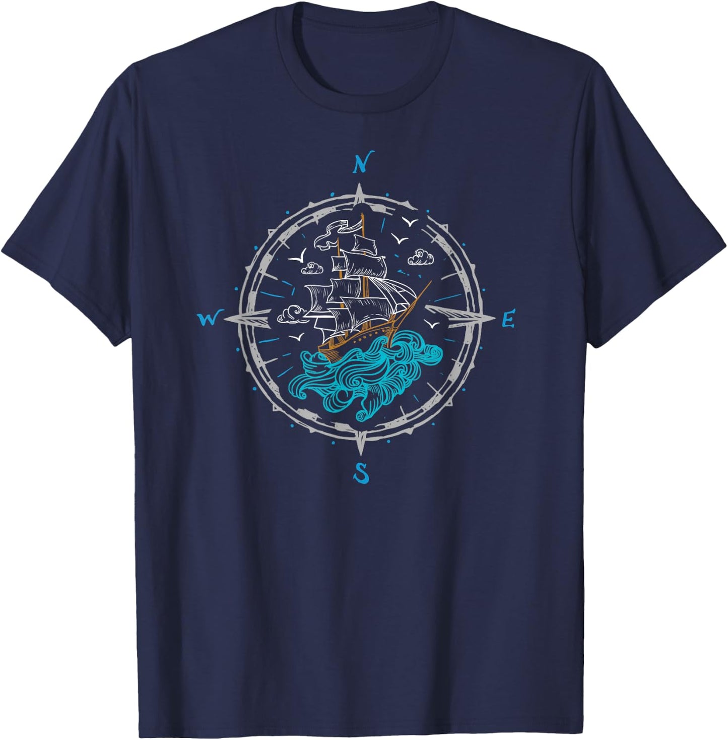 Sailing Boat Ship Compass Rose Nautical T-Shirt - T-Shirt | Navy