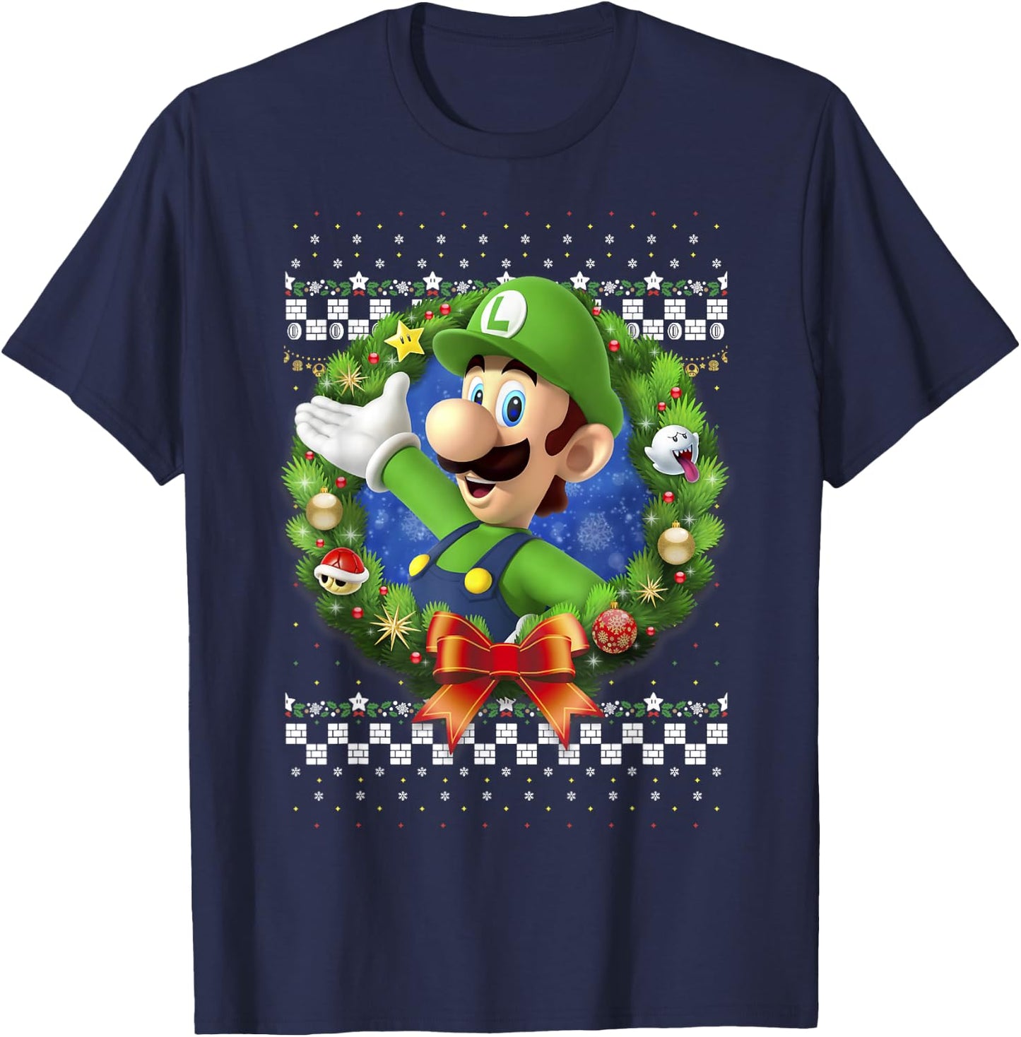 Super Mario 3D Luigi Christmas Wreath Graphic T-Shirt - T-Shirt | Navy