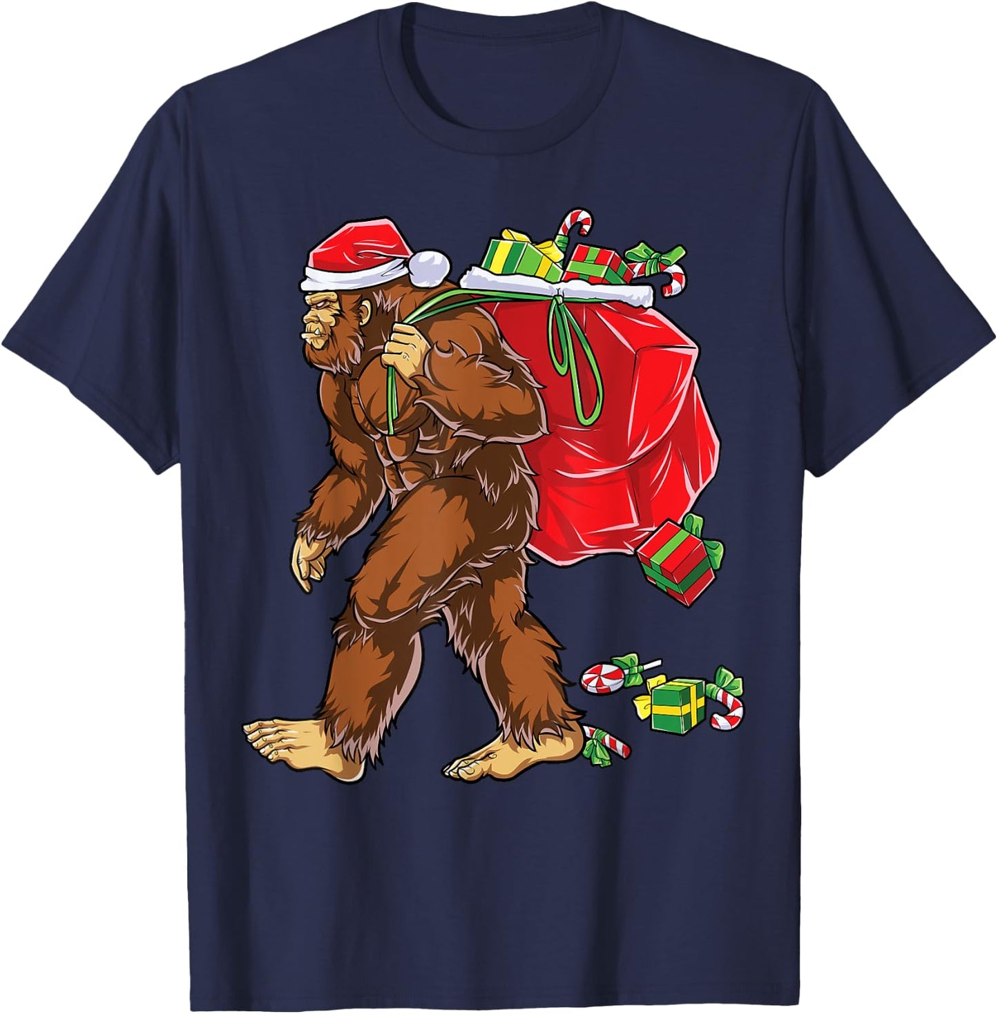 Bigfoot Santa Carrying Christmas Bag Xmas Hat Sasquatch Men T-Shirt - T-Shirt | Navy