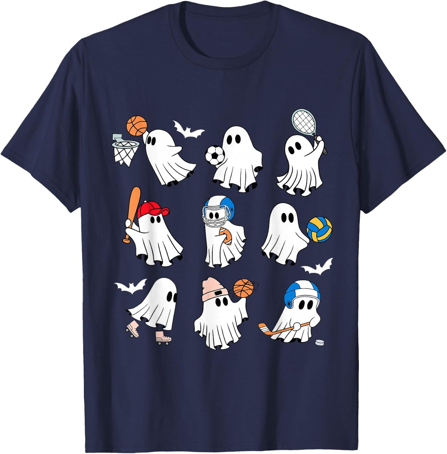 Halloween PE Teacher Ghost Playing Soccer Football Baseball T-Shirt - T-Shirt | Navy