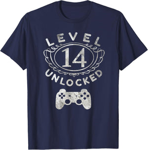 Level 14 Unlocked - 14th Birthday Gamer Gift T-Shirt - T-Shirt | Navy