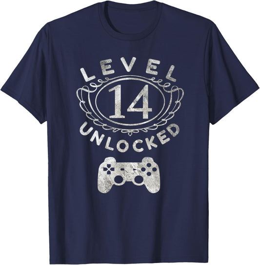 Level 14 Unlocked - 14th Birthday Gamer Gift T-Shirt - T-Shirt | Navy