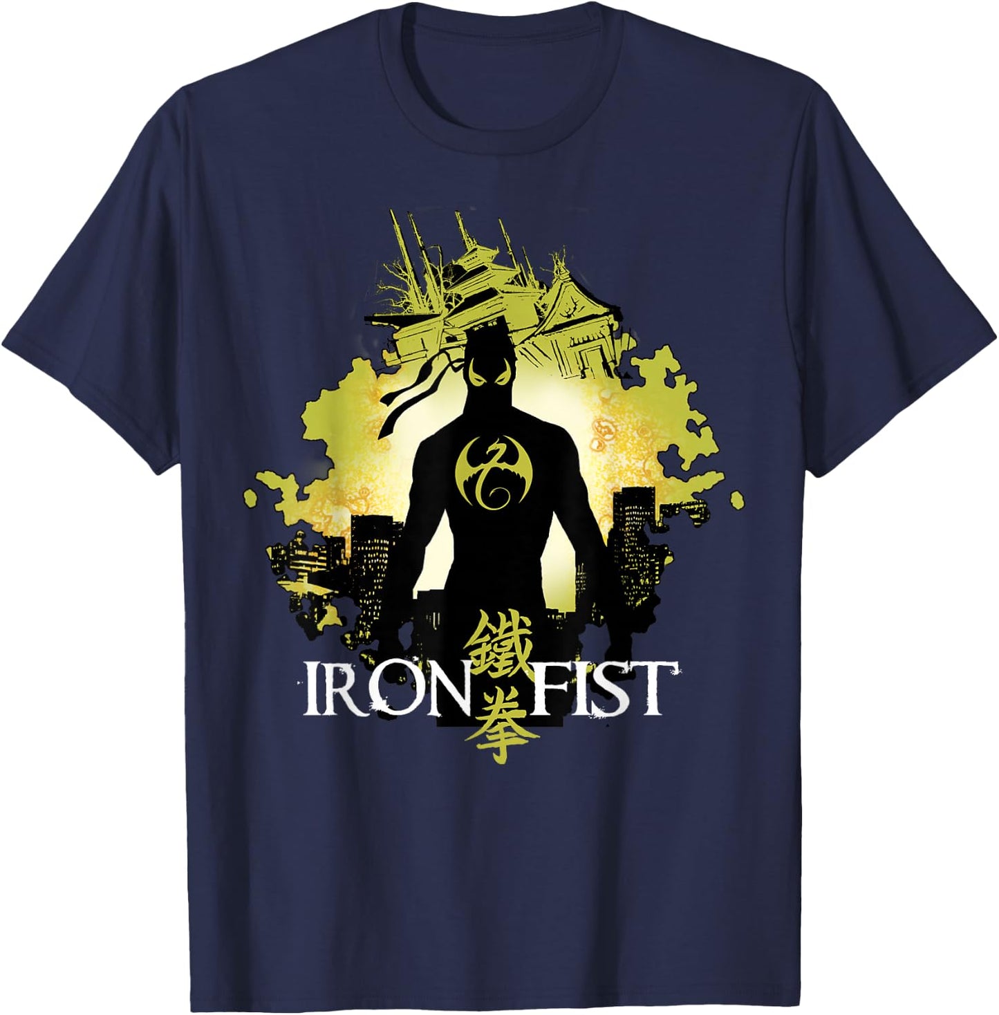 Marvel Iron Fist Blackout Silhouette Cityscape Glow T-Shirt - T-Shirt | Navy