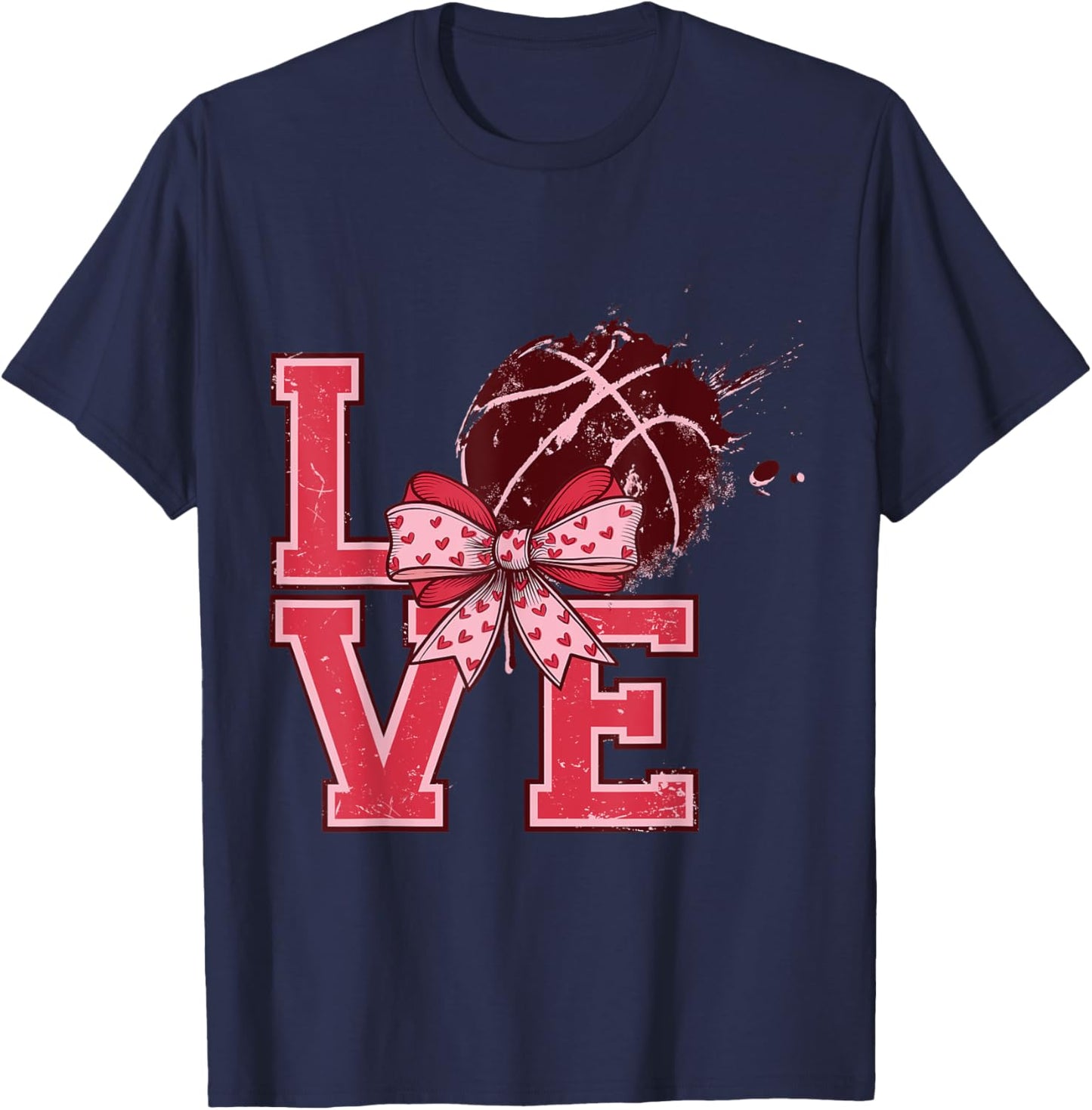 Valentine's Day Love Basketball Cute Bows Pink Gifts Ideas T-Shirt - T-Shirt | Navy
