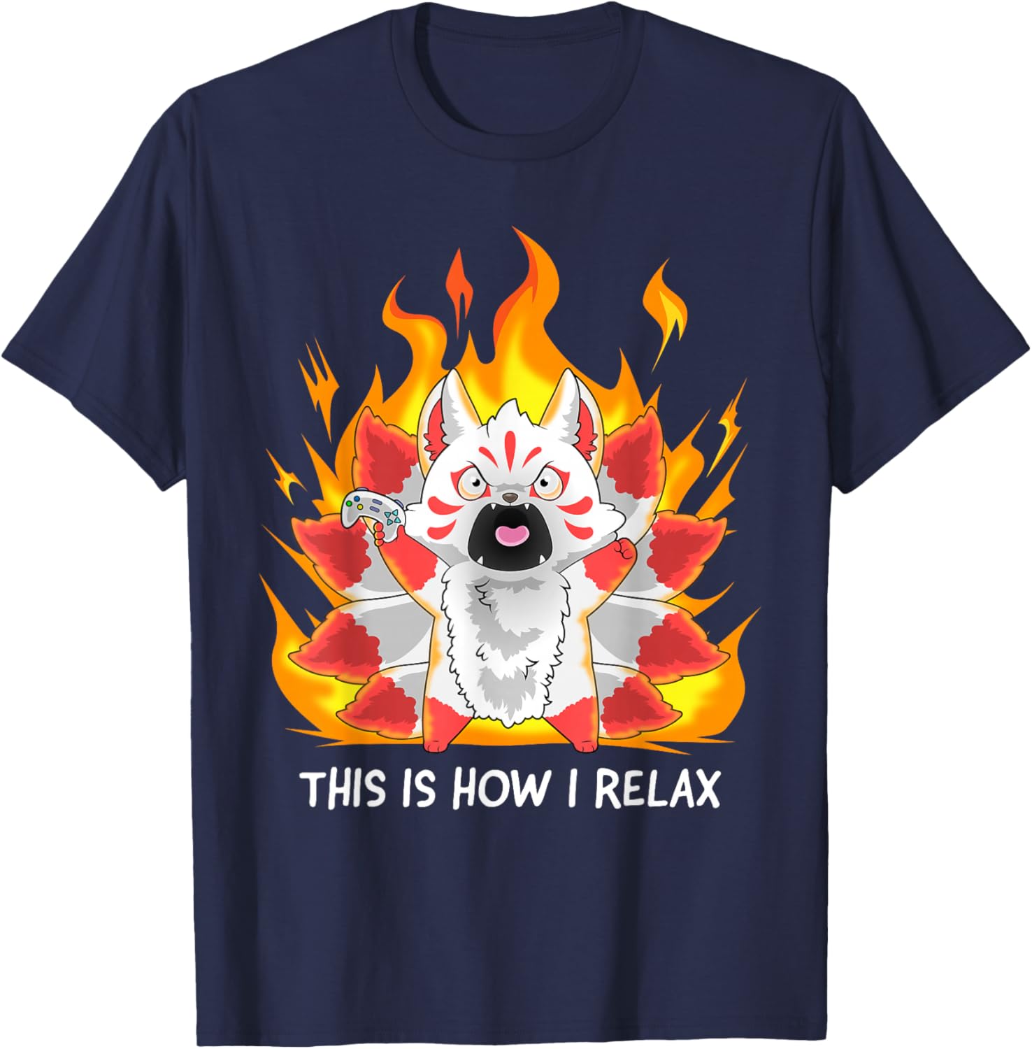 Angry Gamer Kitsune Fox This Is How I Relax Japanese Anime T-Shirt - T-Shirt | Navy