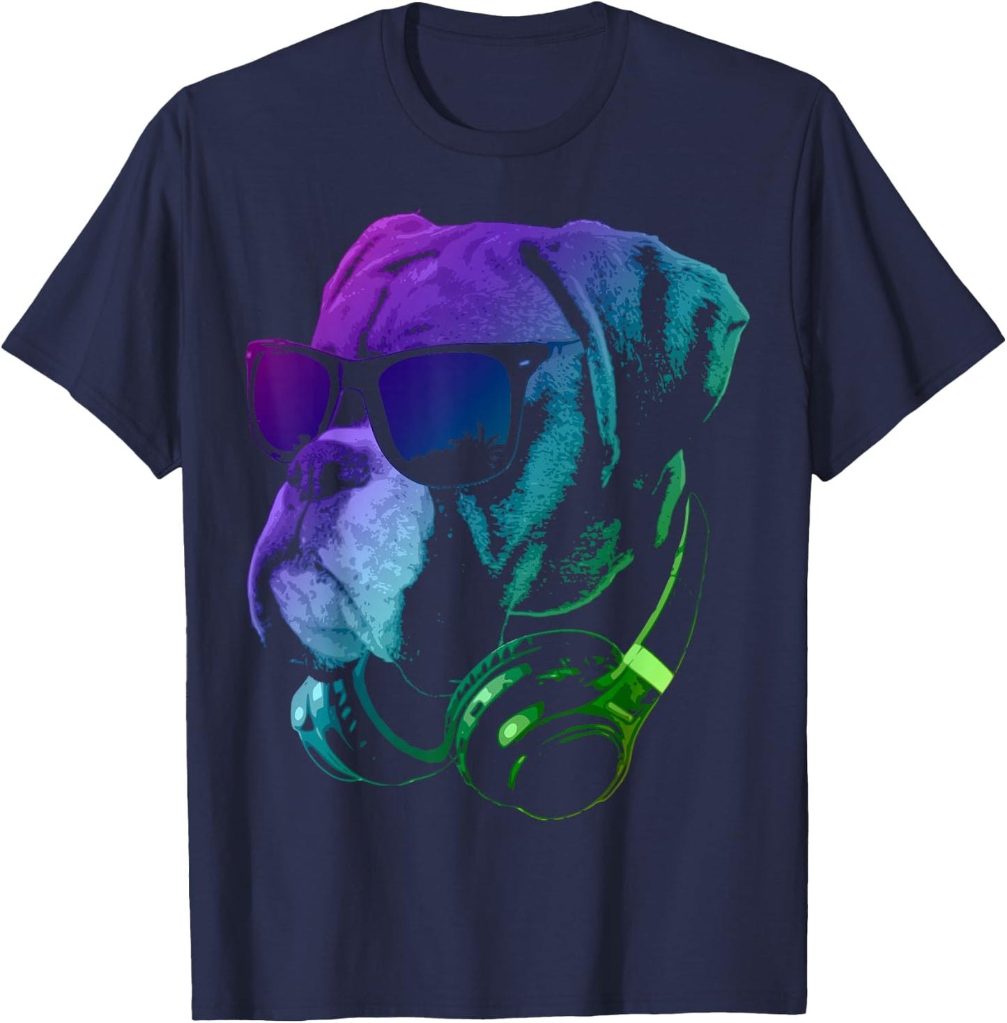 Boxer Dog with Sunglasses and Headphones Small T-Shirt - T-Shirt | Navy