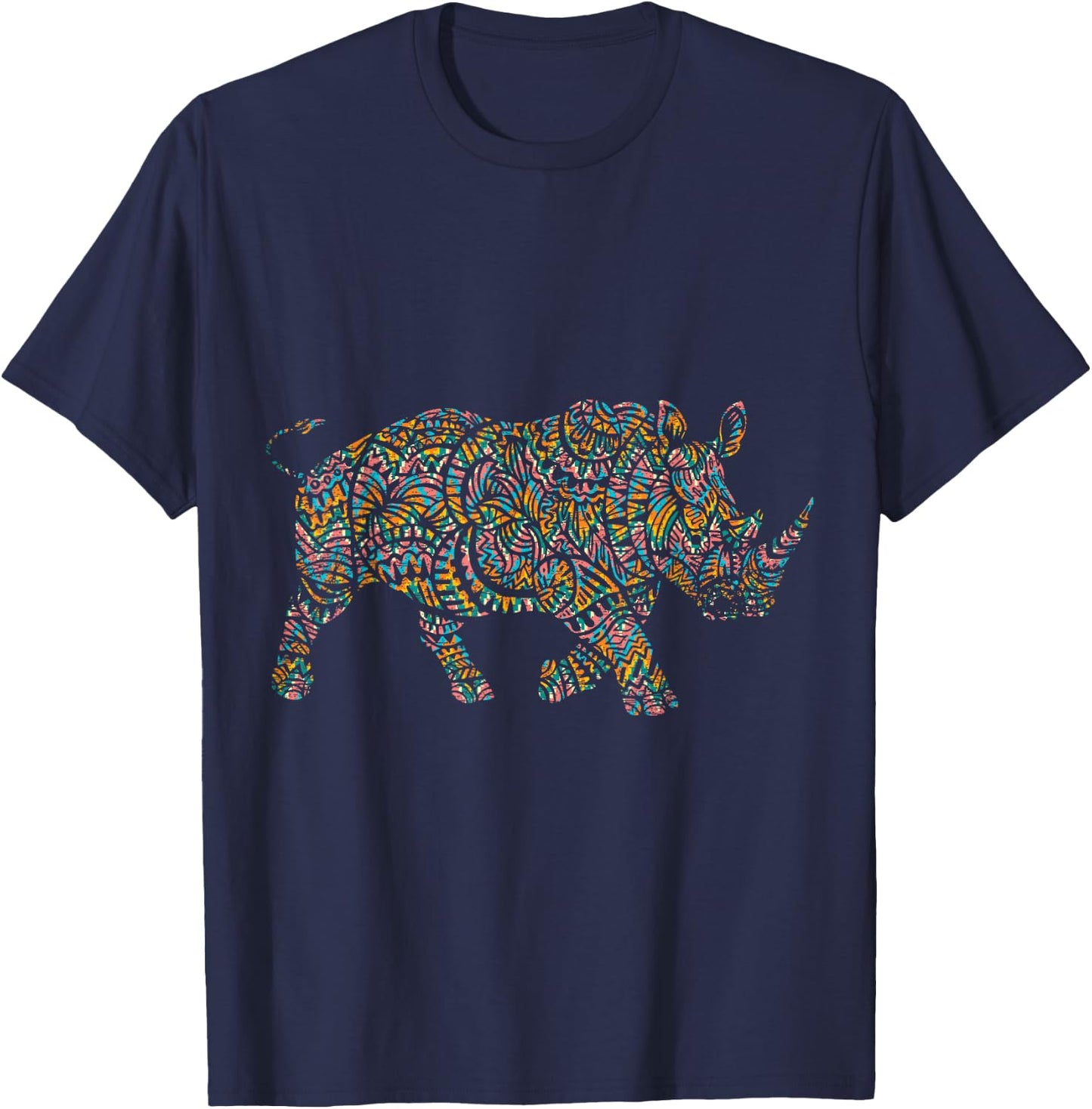 Rhino Shirts Colorful Rhino - Women, Girls - Black - Small - Short Sleeve - Classic Fit - Animal Print - Casual T-Shirt - T-Shirt | Navy