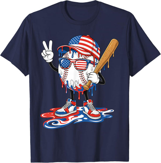 Baseball Drip American Patriotic 4th of July Boys Kids Youth T-Shirt - T-Shirt | Navy
