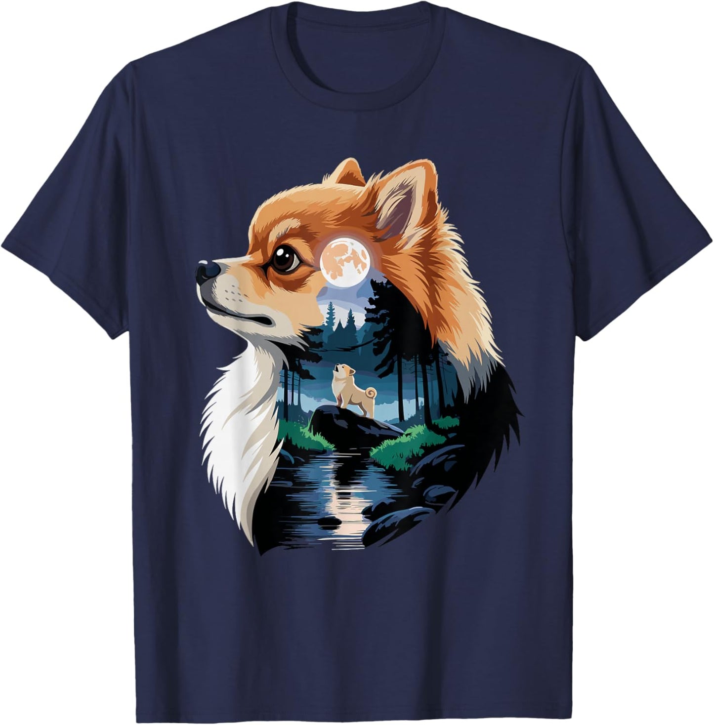 Pomeranian Howling to The Moon Pomeranians T-Shirt - T-Shirt | Navy