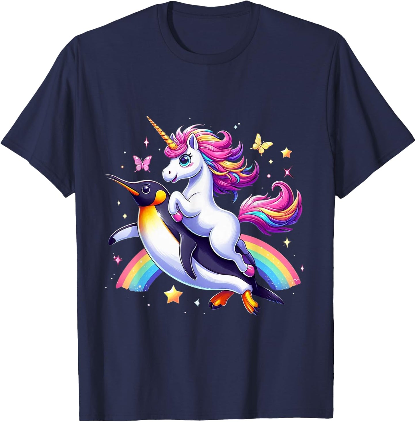 Unicorn Riding Penguin Boys Girls Men Women Kids Rainbow T-Shirt - T-Shirt | Navy