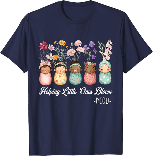 Women Spring Helping Little Ones Bloom Wildflower NICU Nurse T-Shirt - T-Shirt | Navy