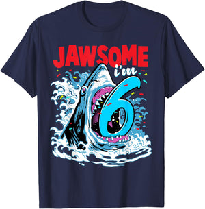 Kids 6th Birthday Shark 6 | Jawsome Six Year Old Bday Gift T-Shirt - T-Shirt | Navy