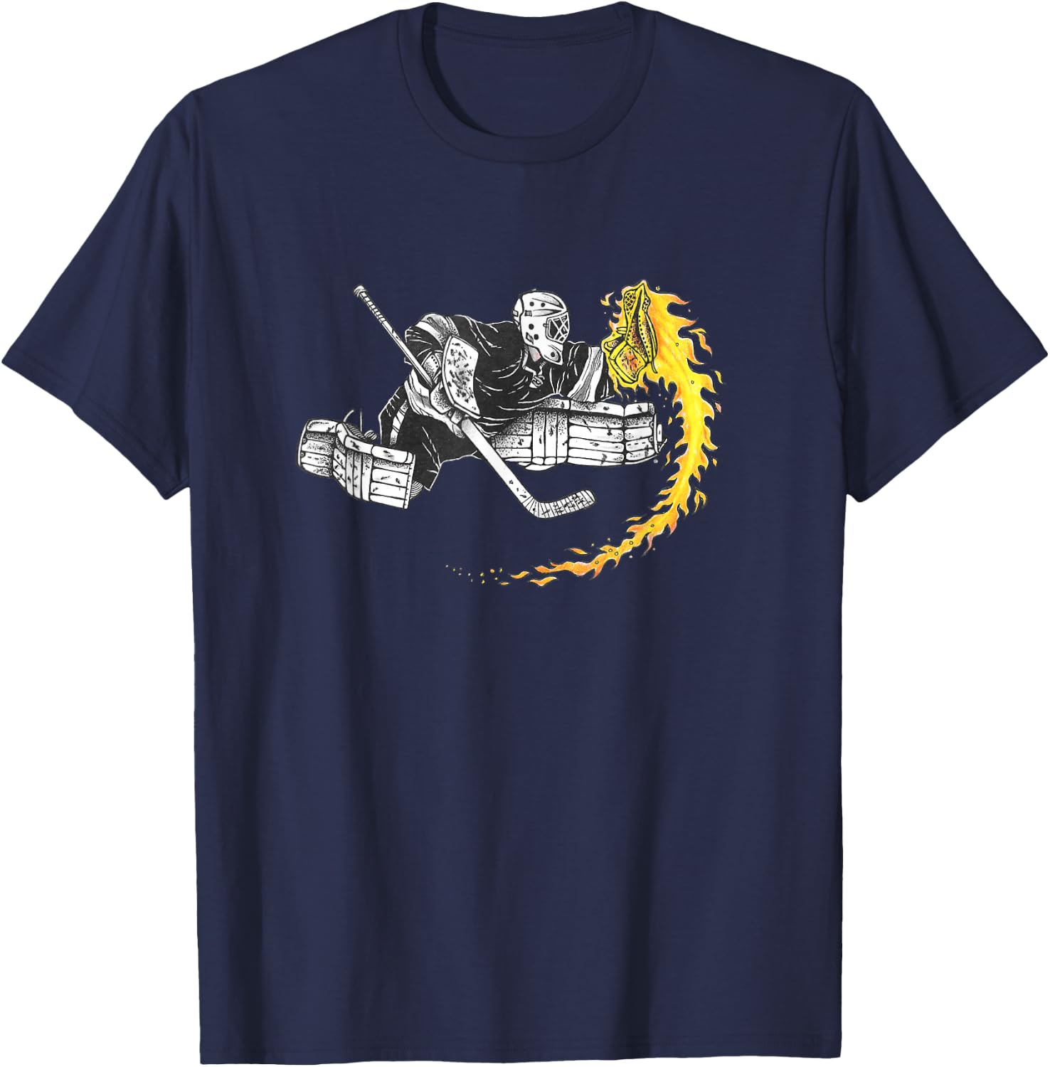 Hockey Goalie Glove on Fire SAVE! Men Women Youth T-Shirt - T-Shirt | Navy