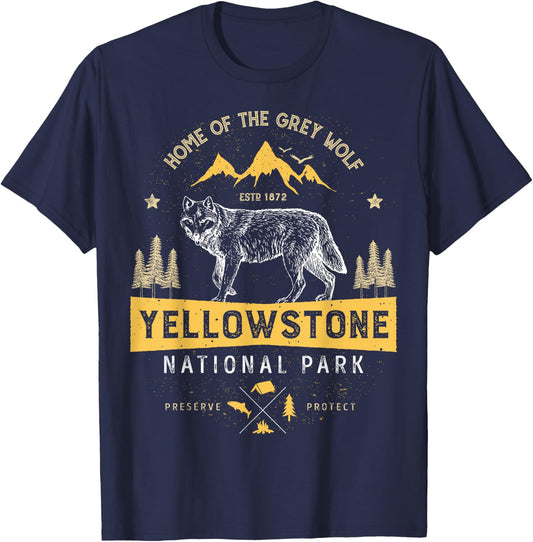Yellowstone National Park T Shirt US Wolf Vintage Men Women T-Shirt - T-Shirt | Navy