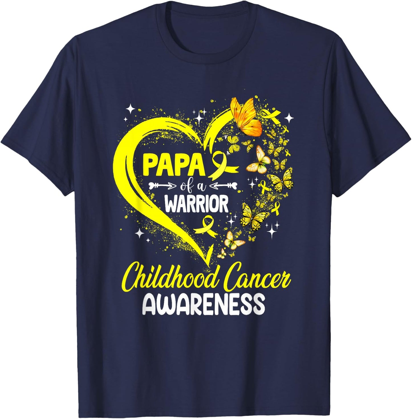 Papa Of A Warrior Gold Heart Childhood Cancer Awareness T-Shirt - T-Shirt | Navy