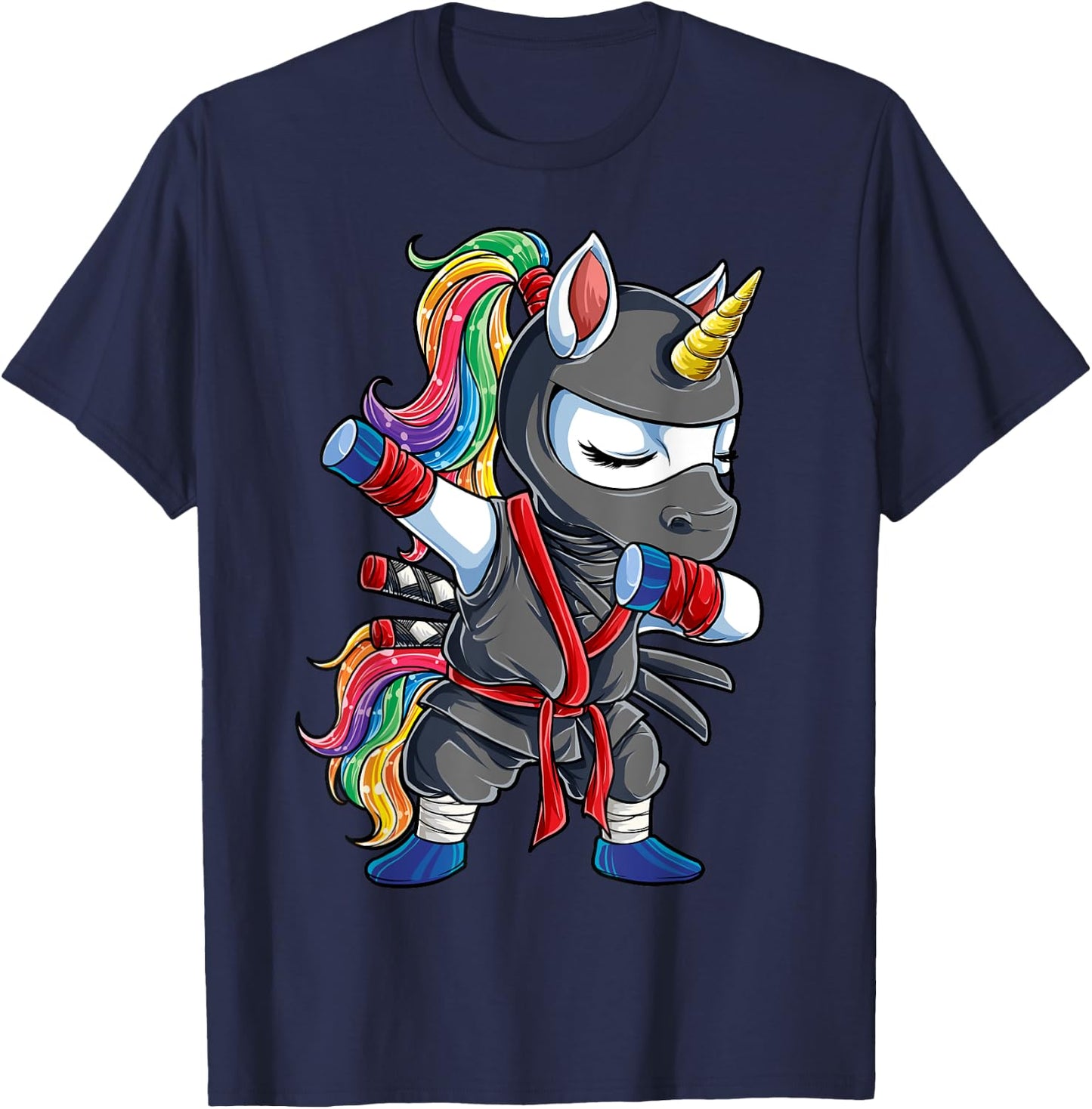 Dabbing Ninja Unicorn T Shirt Girls Rainbow Martial Arts T-Shirt - T-Shirt | Navy