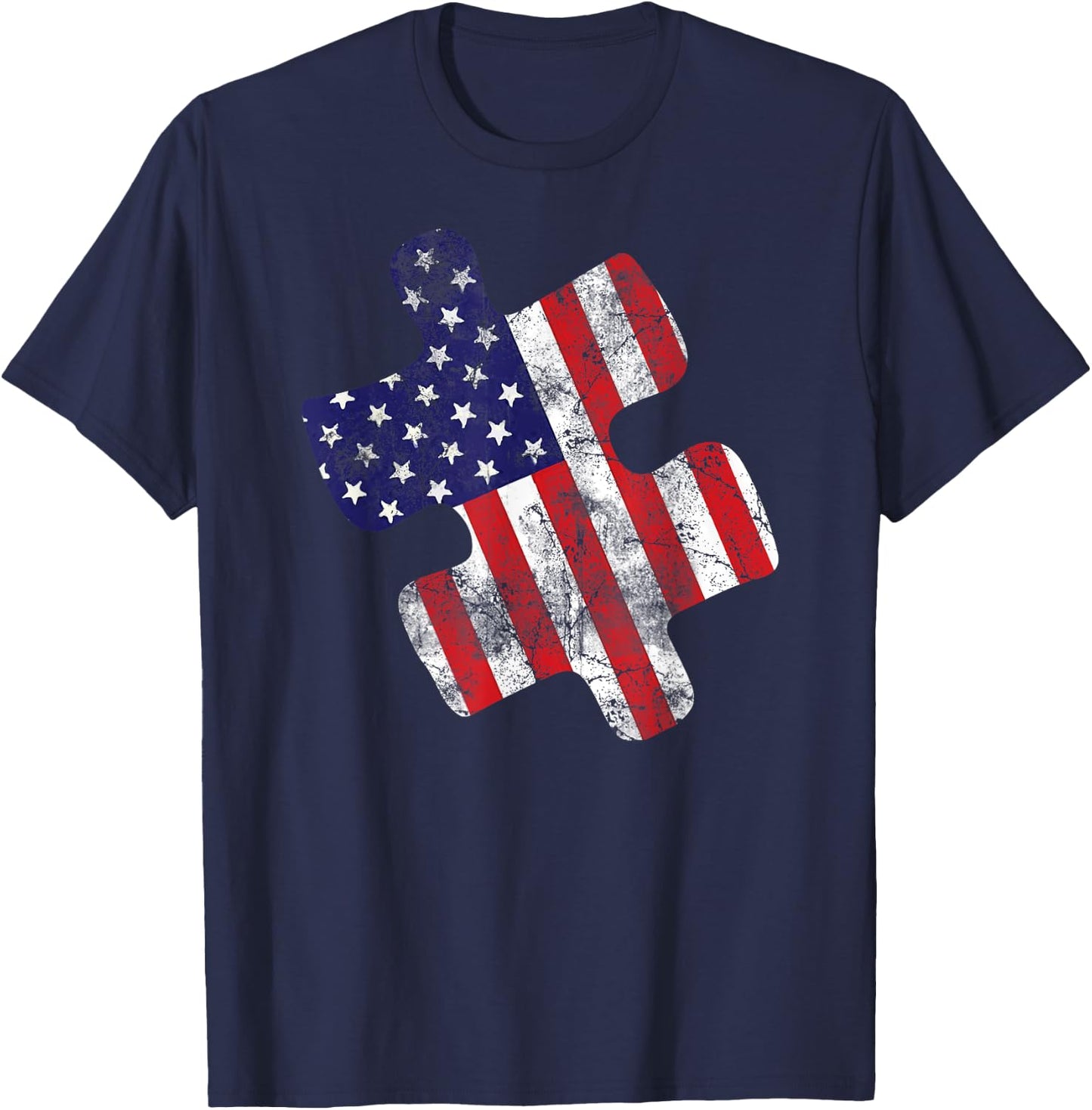 Autism Awareness American Flag Vintage Puzzle Piece Gift T-Shirt - T-Shirt | Navy