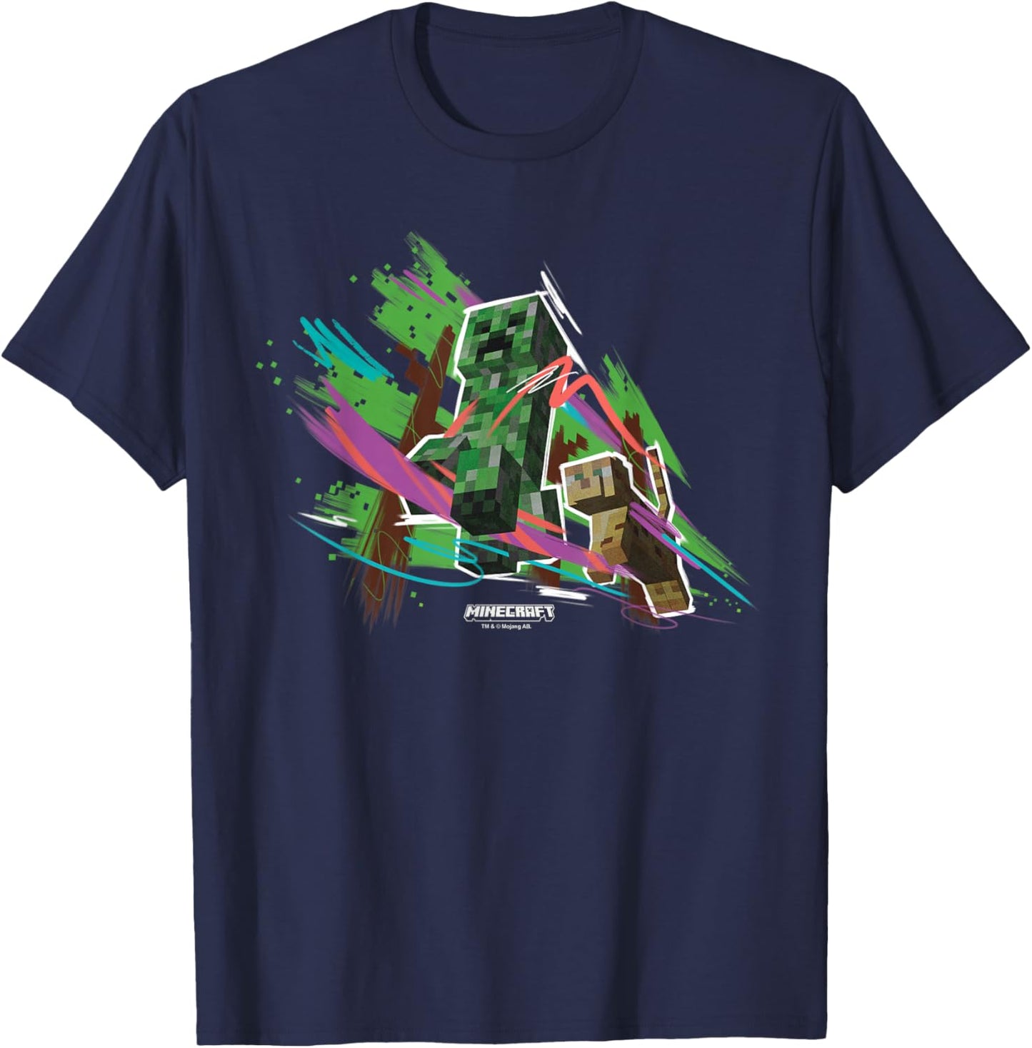 Minecraft Creeper Running from Cat Paint Brush Strokes Art T-Shirt - T-Shirt | Navy