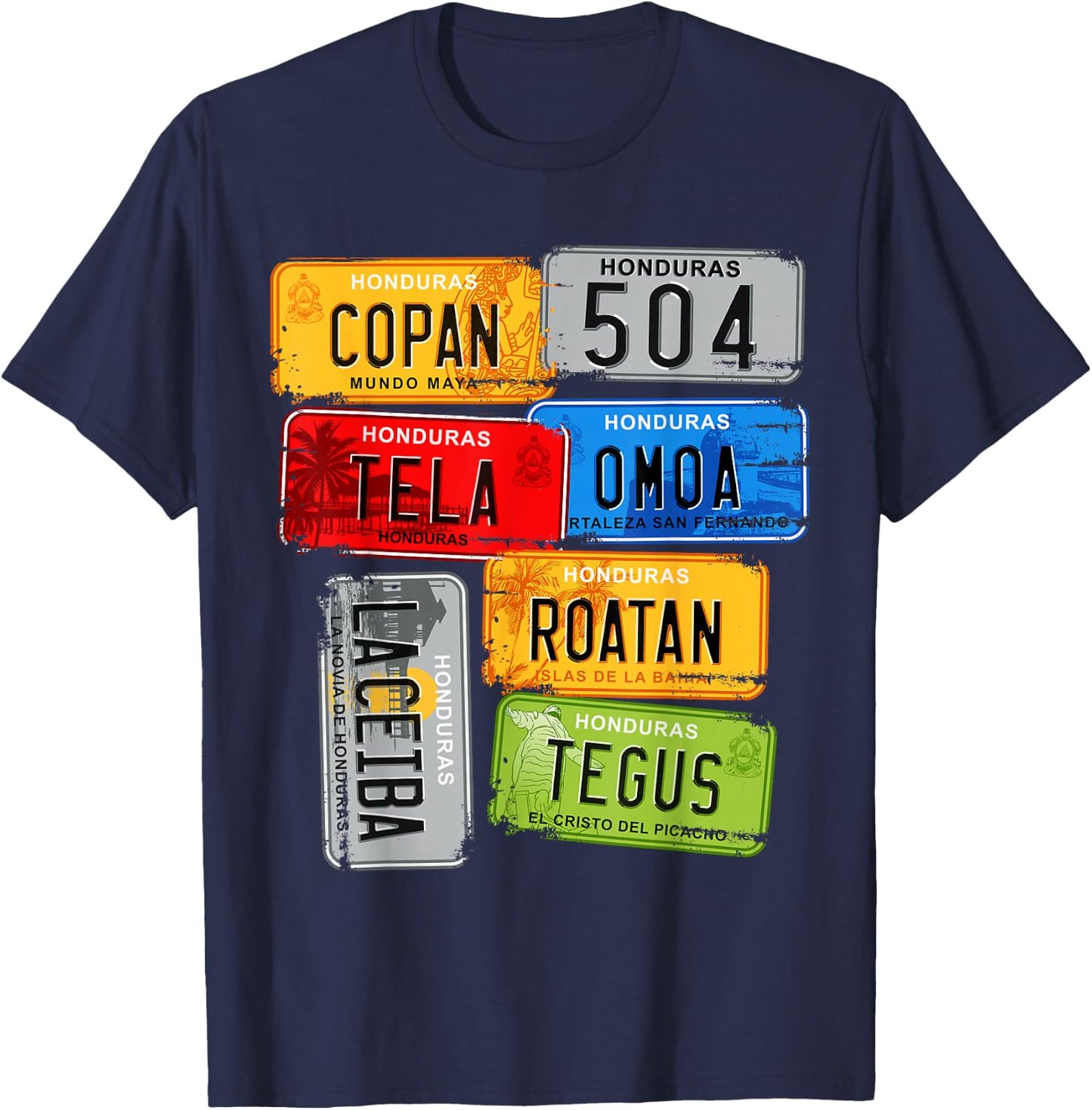 Honduras, turistic car Plates, Copan, Tela, Omoa Small T-Shirt - T-Shirt | Navy