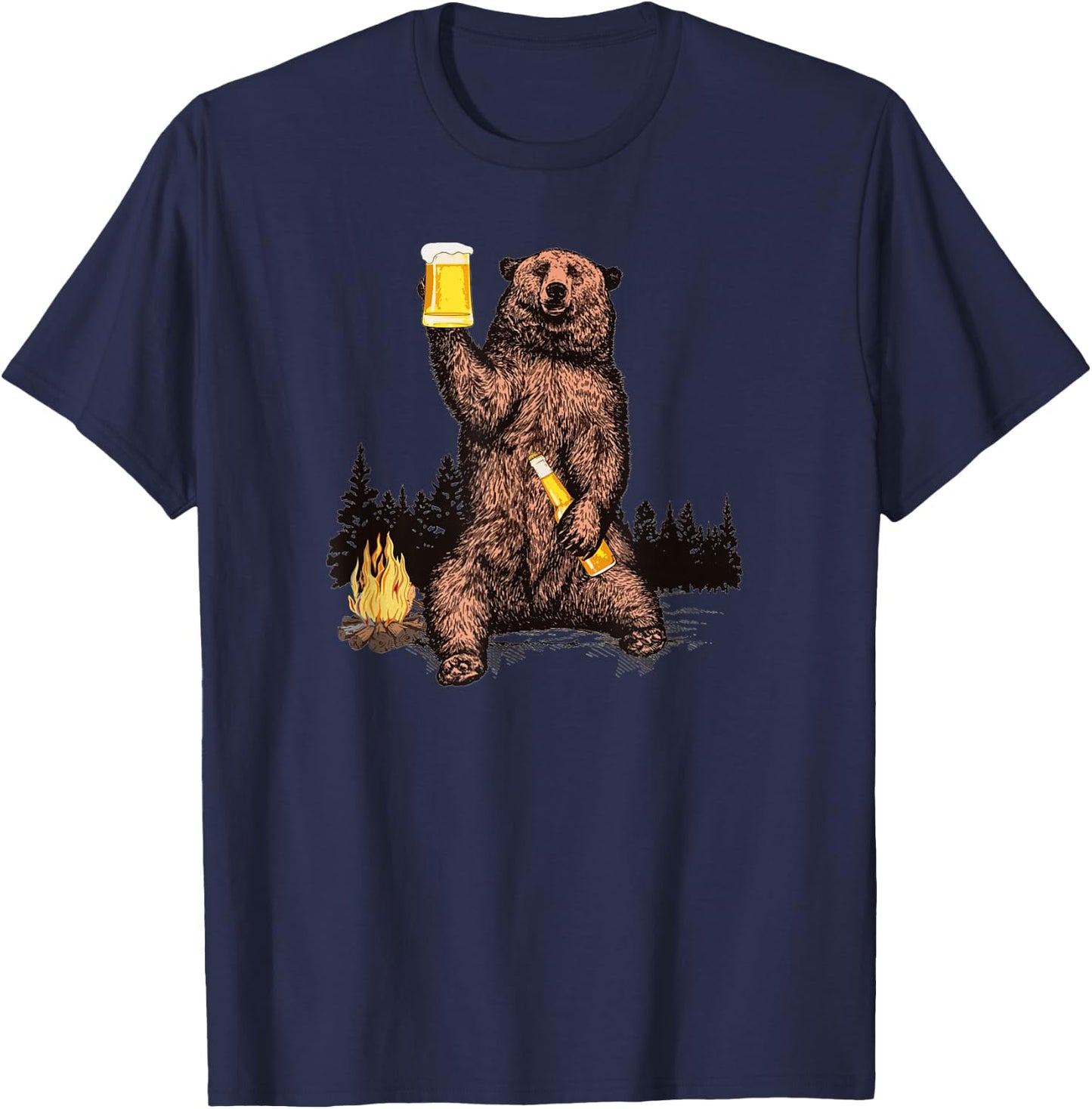 Bear Drinking Beer Camp Fire Woods Outdoor Funny Grizzly T-Shirt - T-Shirt | Navy