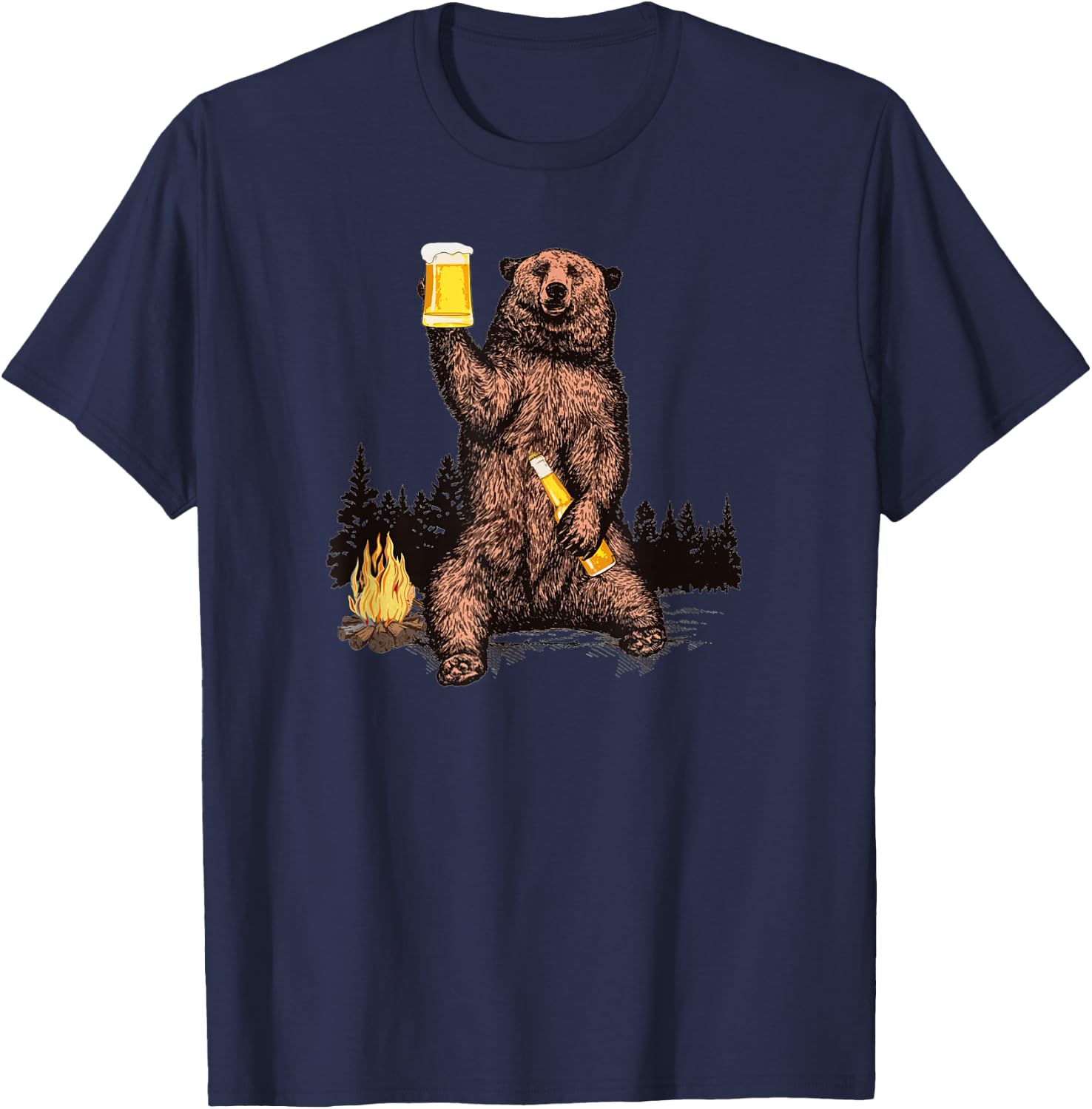 Bear Drinking Beer Camp Fire Woods Outdoor Funny Grizzly T-Shirt - T-Shirt | Navy