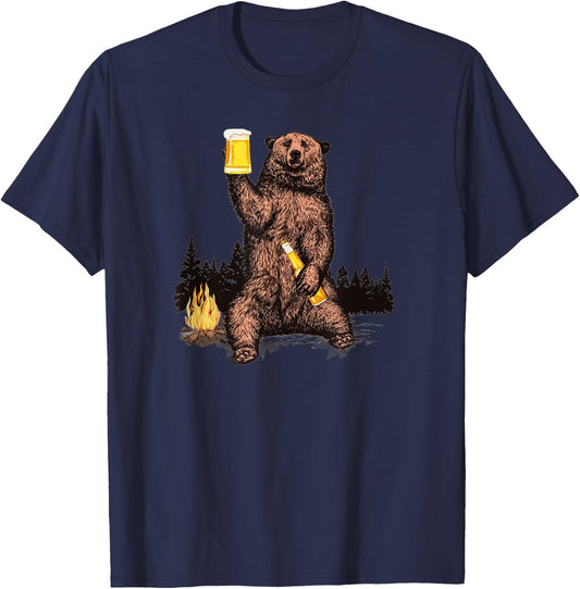 Bear Drinking Beer Camp Fire Woods Outdoor Funny Grizzly T-Shirt - T-Shirt | Navy