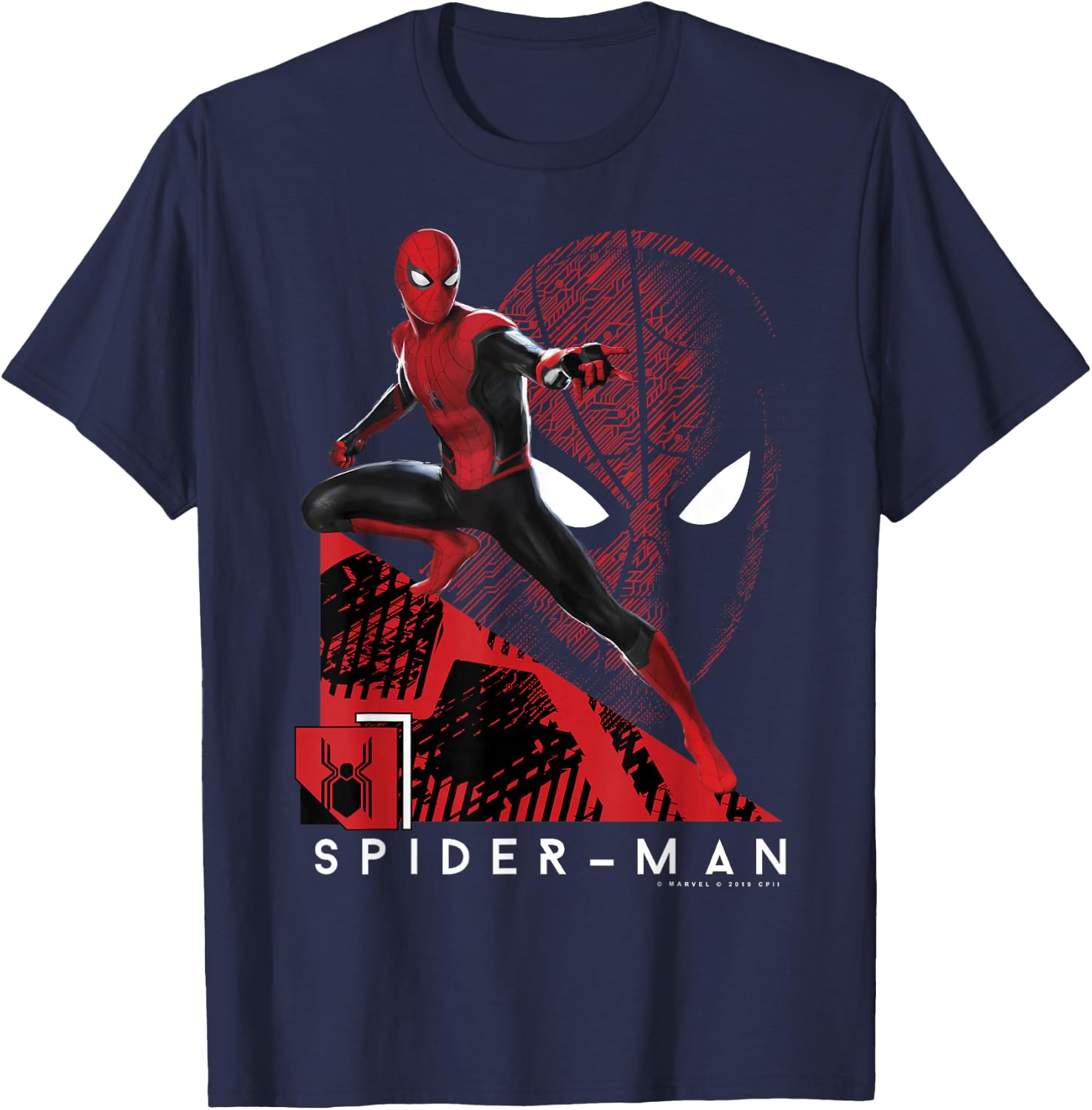 Marvel Spider-Man Far from Home Portrait Tech Background Small T-Shirt - T-Shirt | Navy