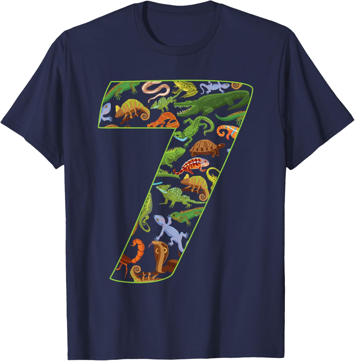 Cool 7 Reptile Theme 7th Birthday Party 7 Years Old T-Shirt - T-Shirt | Navy