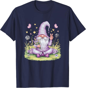 Peaceful Garden Gnome with Flowers And Butterflies T-Shirt - T-Shirt | Navy