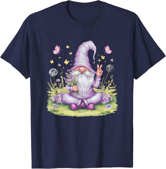 Peaceful Garden Gnome with Flowers And Butterflies T-Shirt - T-Shirt | Navy
