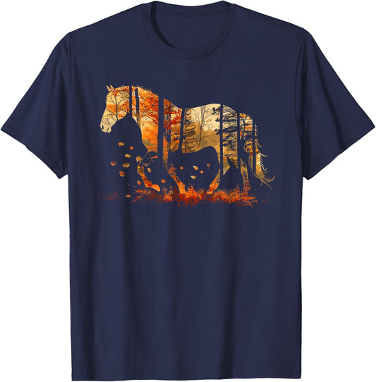 Cute Horse Lover Autumn Leaves Pony Animal Wildlife T-Shirt - T-Shirt | Navy