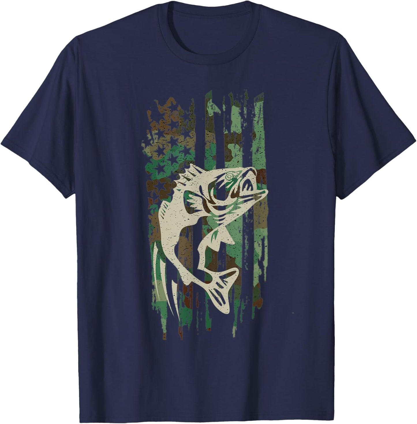 Camouflage American US Flag Bass Fishing Fisherman Men Boys T-Shirt - T-Shirt | Navy