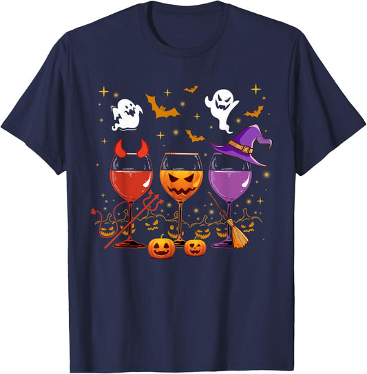 Halloween Wine Glass Shirt Witchcraft Dracula Pumpkin T-Shirt - T-Shirt | Navy