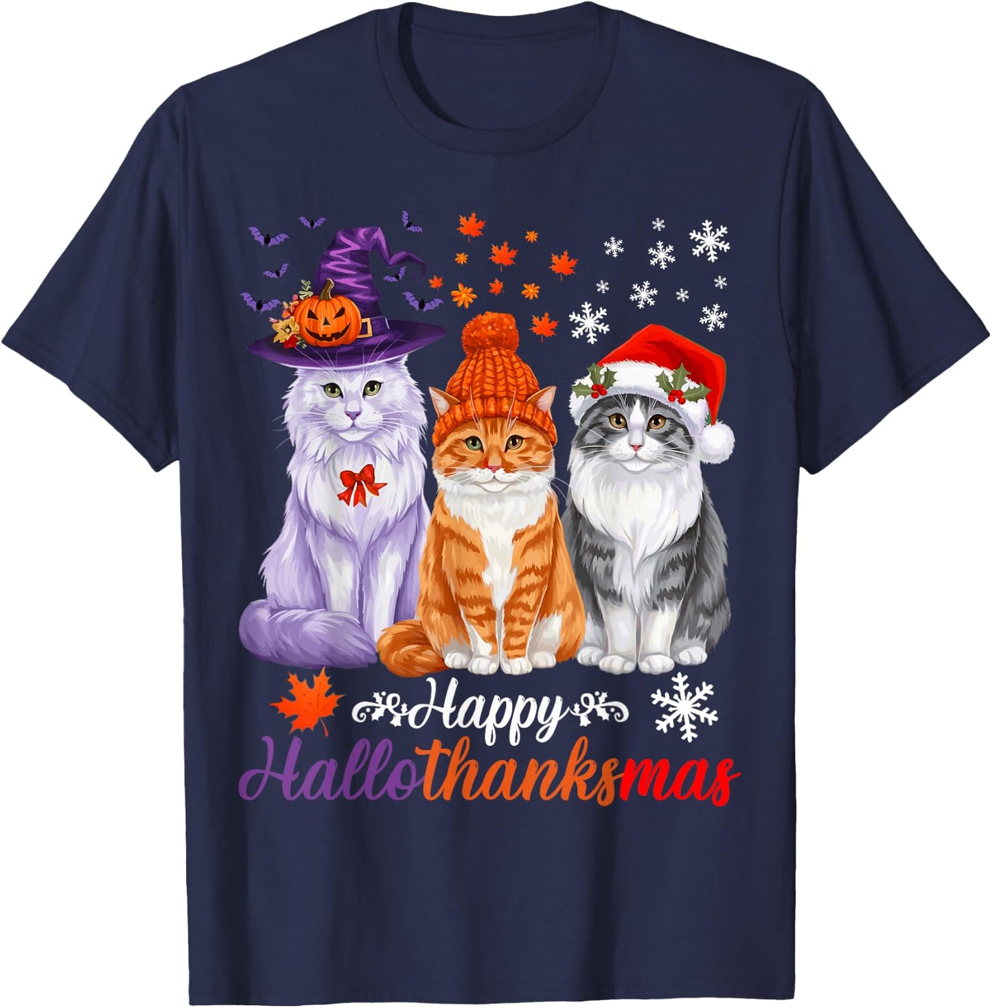 Happy HalloThanksMas Cats Halloween Thanksgiving Christmas T-Shirt - T-Shirt | Navy
